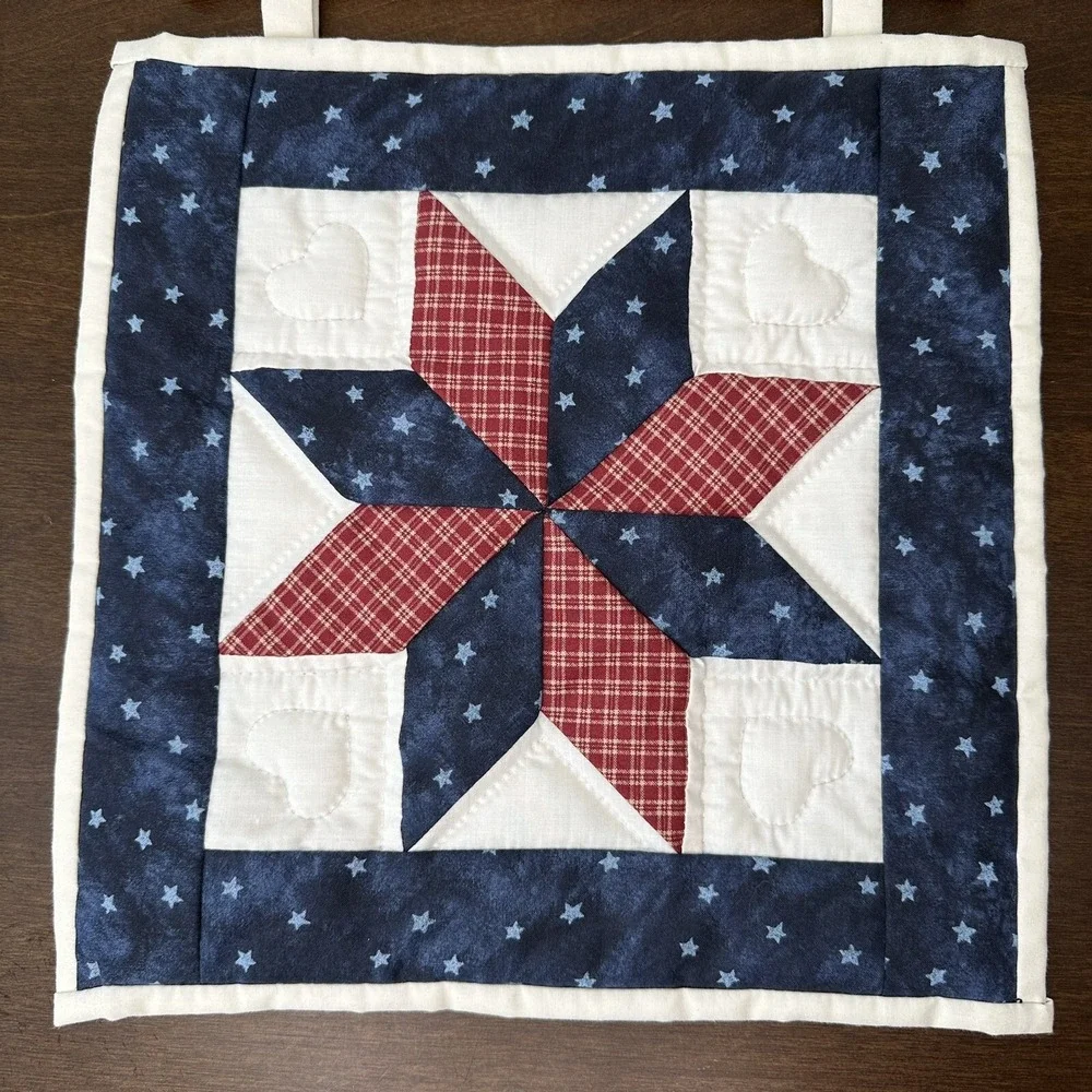 Handmade Quilt Wall Hanging Folk Americana Star Country Barn Red Blue Quilted
